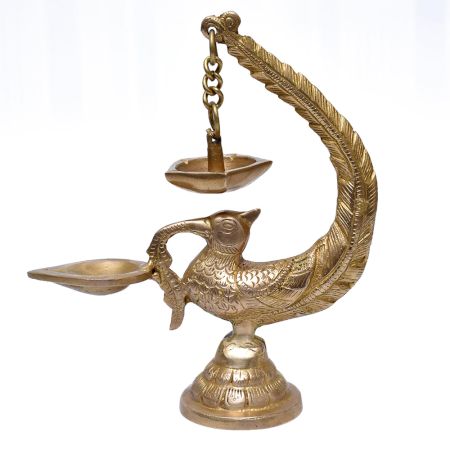 Golden BrassÂ Peacock Showpiece With 6 Wick Diya
